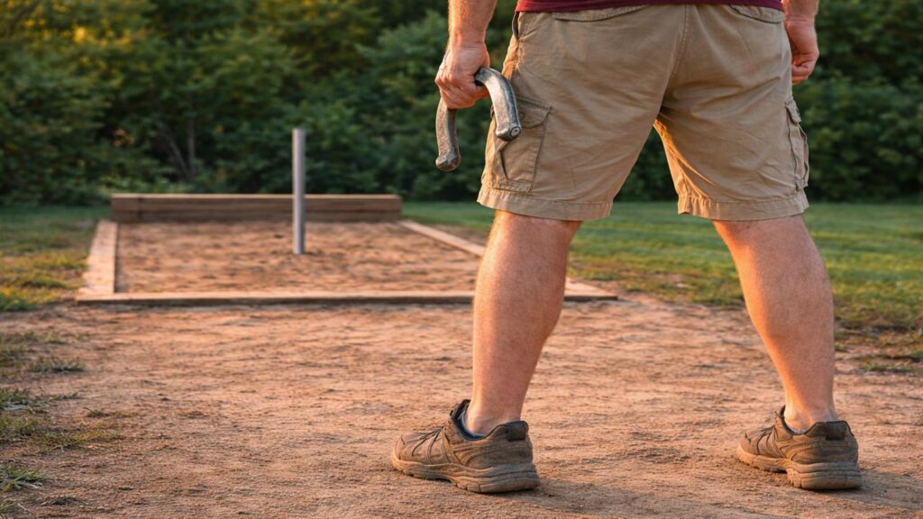 Close view of a horseshoe player’s feet showing balanced stance and correct foot placement on a clay pit