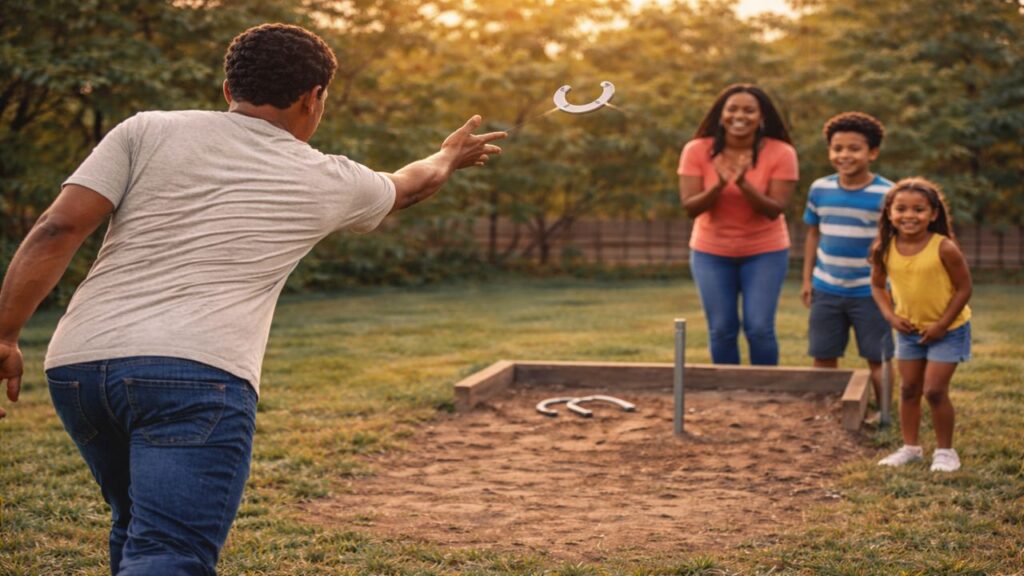 An African American family enjoying a backyard horseshoes game with parents and children watching a throw