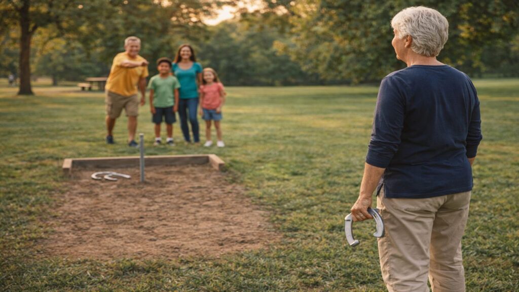 A Caucasian family playing horseshoes together in a park with adults and children gathered near the pit