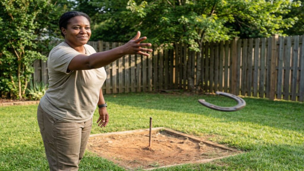 African American woman releasing a horseshoe using a correct flip-style release with fingers along the side and relaxed follow-through at a backyard court