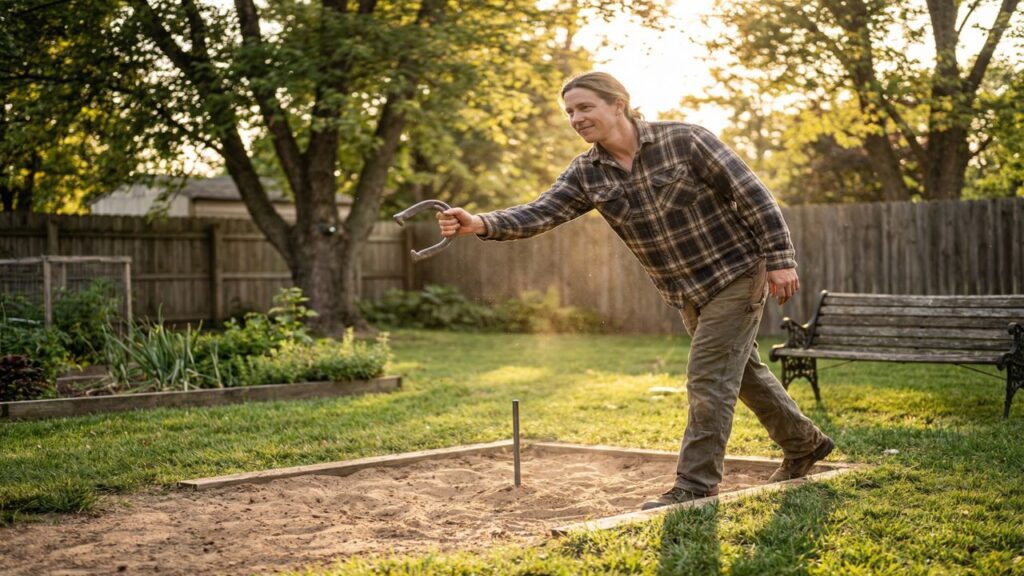 Horseshoe player practicing a smooth flip-style release during a backyard pitching session with natural rotation and balanced follow-through