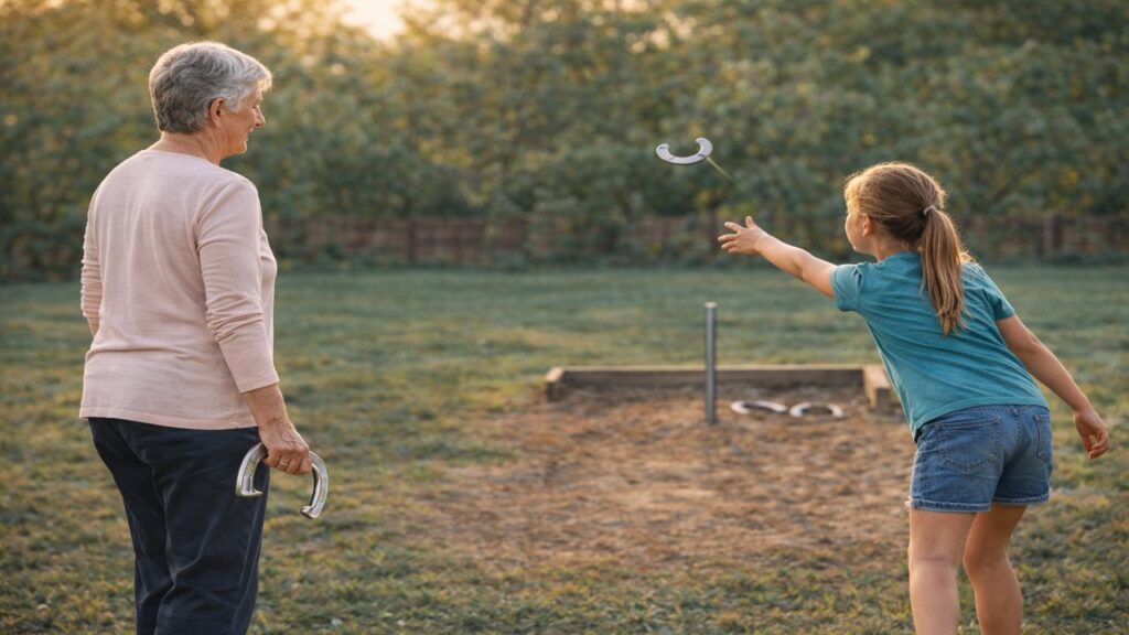 Older woman watching her granddaughter toss a horseshoe during a backyard family game