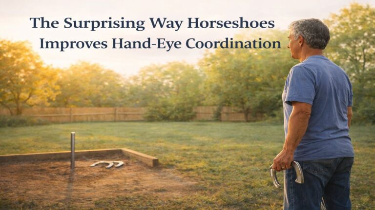 Older man preparing to throw a horseshoe at a backyard pit while focusing on hand-eye coordination
