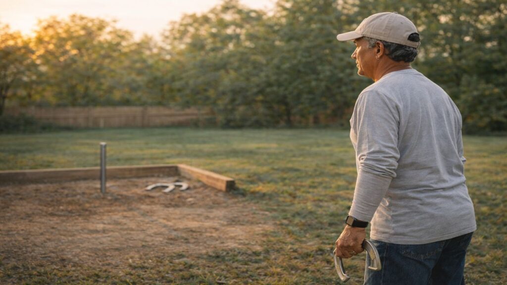 Older Hispanic man standing beside a horseshoe pit resetting between throws with relaxed posture and focus