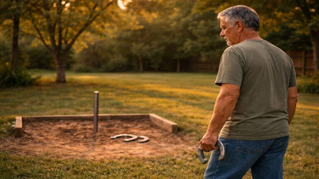 Older Hispanic man standing beside a backyard horseshoe pit resetting between throws with relaxed posture