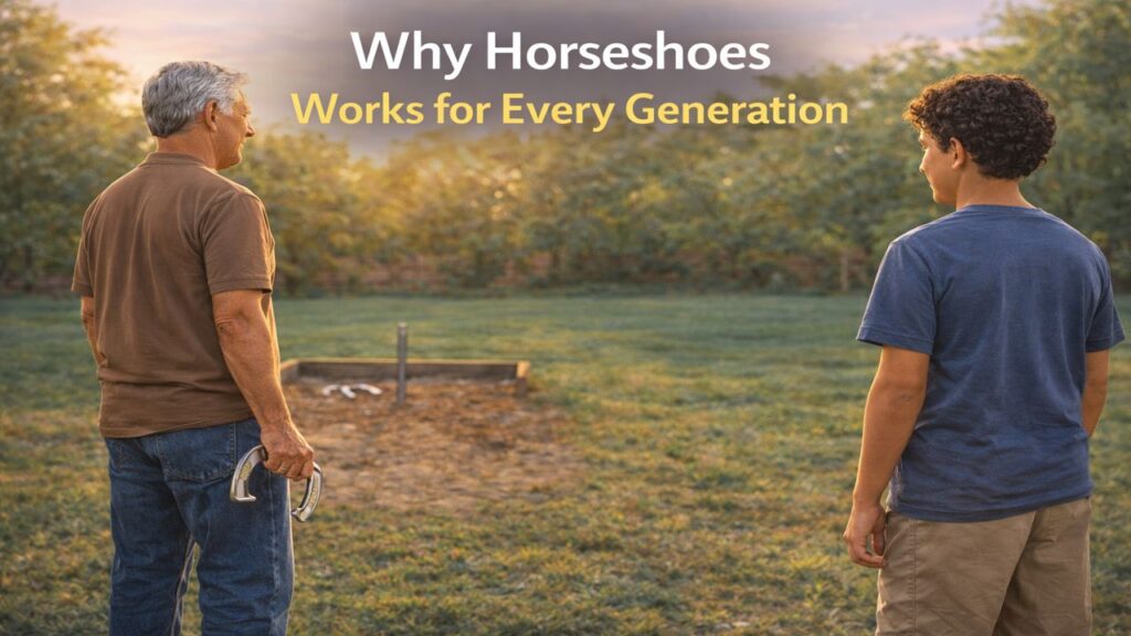 Grandfather and teenage grandchild standing at a backyard horseshoe pit preparing to play together