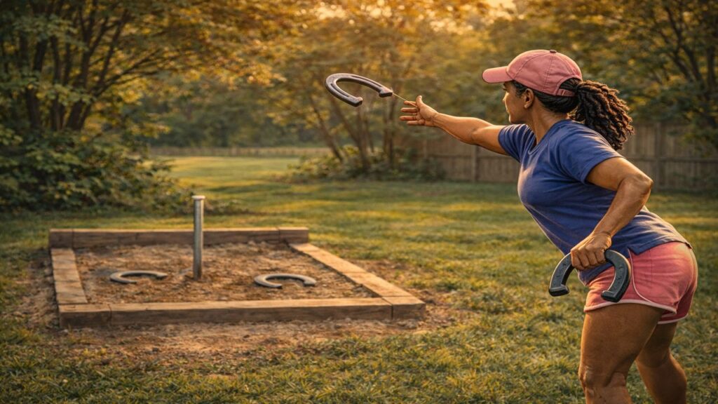 Black woman pitching a horseshoe in a backyard pit, using smooth form and relaxed follow-through during a calm practice session.