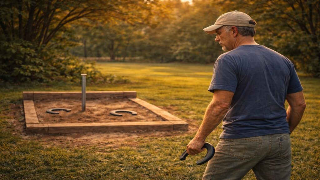 Older man standing beside a backyard horseshoe pit, holding a horseshoe and pausing calmly before his next throw.
