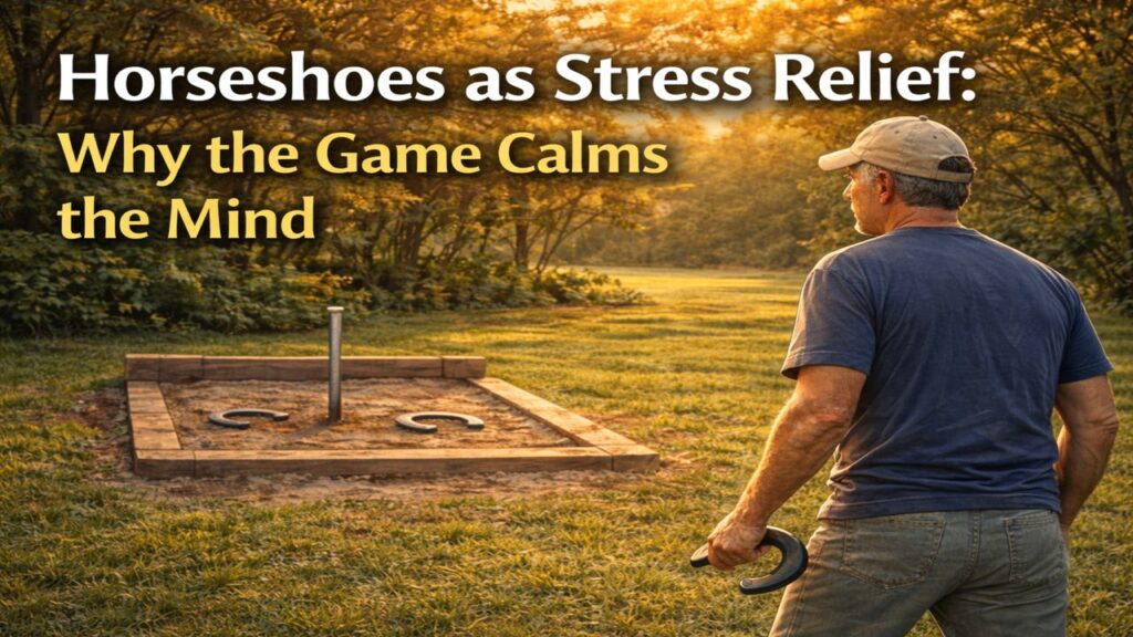 Older man standing calmly at a backyard horseshoe pit during golden hour, holding a horseshoe and resetting between throws in a quiet outdoor setting.