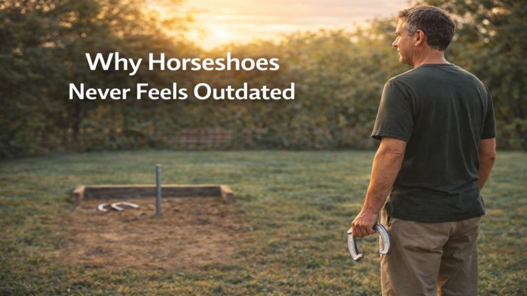 Man preparing to throw a horseshoe at a backyard pit during late afternoon light