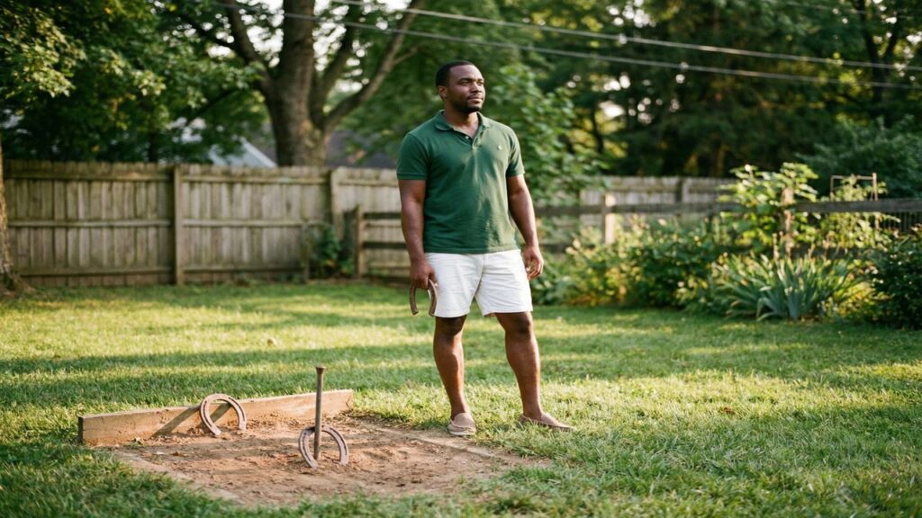 Black male horseshoe player standing behind a backyard pit, holding a horseshoe and taking a brief mental reset after a throw.