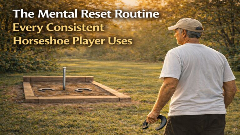 Older man standing calmly at a backyard horseshoe pit, holding a horseshoe and resetting mentally between throws in a quiet outdoor setting.