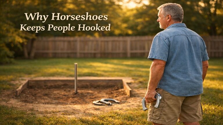 Older man preparing to throw a horseshoe at a backyard horseshoe pit during late afternoon golden hour
