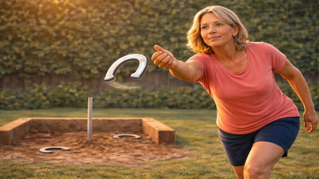 Middle-aged woman calmly releasing a horseshoe toward a backyard pit with proper underhand technique