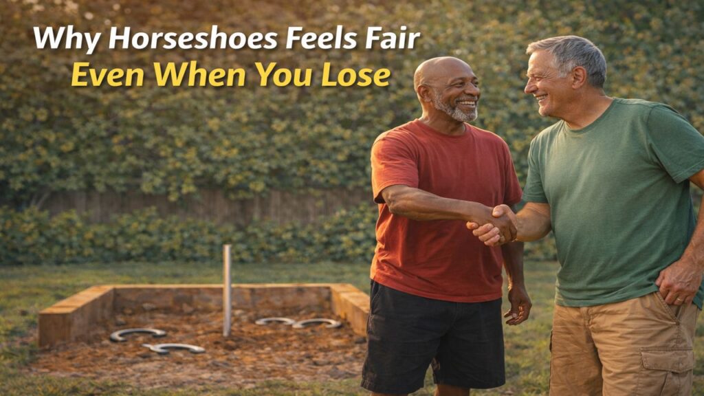 Two older men shaking hands beside a backyard horseshoe pit after a friendly game at sunset