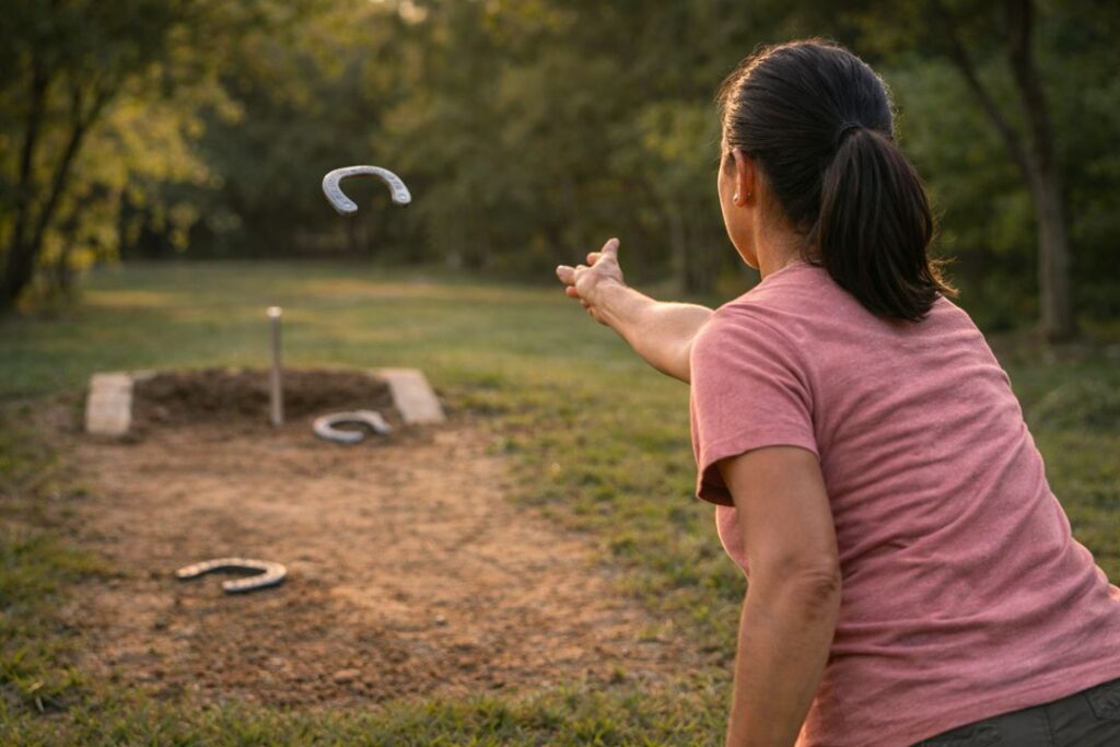 Woman pitching horseshoe toward clay pit stake with correct side grip and controlled arc during outdoor backyard game