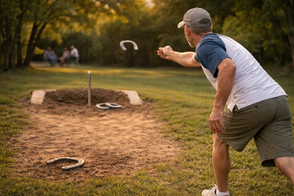 Older male horseshoe player pitching toward regulation clay pit with proper grip and consistent throwing mechanics