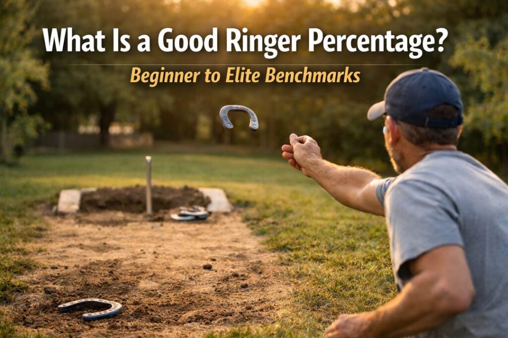 Backyard horseshoe player mid-throw toward a clay pit stake during golden hour illustrating ringer percentage benchmarks from beginner to elite level