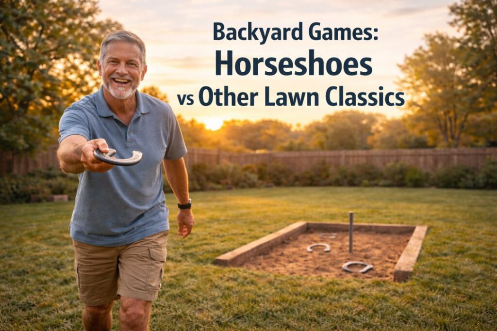 Smiling middle-aged man facing forward while throwing a horseshoe toward a backyard clay pit during golden hour