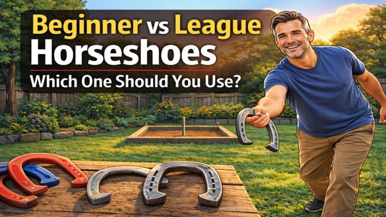 Horseshoe player mid throw comparing beginner and league level horseshoes in a backyard pit setup.