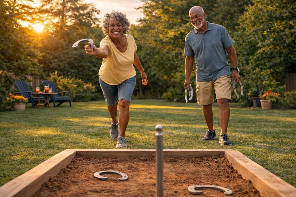 Older Black couple enjoying a backyard horseshoe game with realistic throwing distance and regulation clay pit