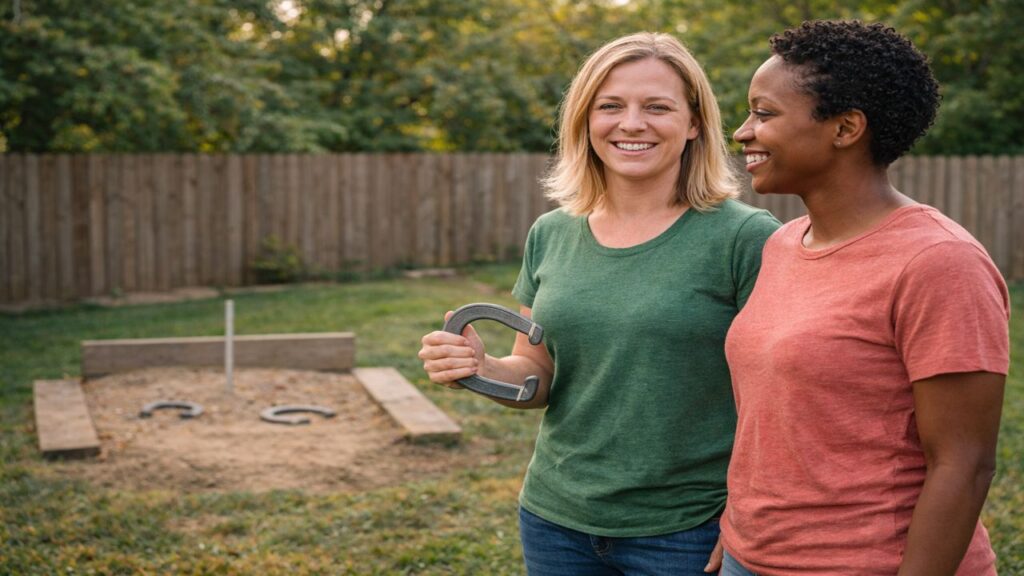 Two women smiling and discussing strategy while holding horseshoes beside a backyard pit
