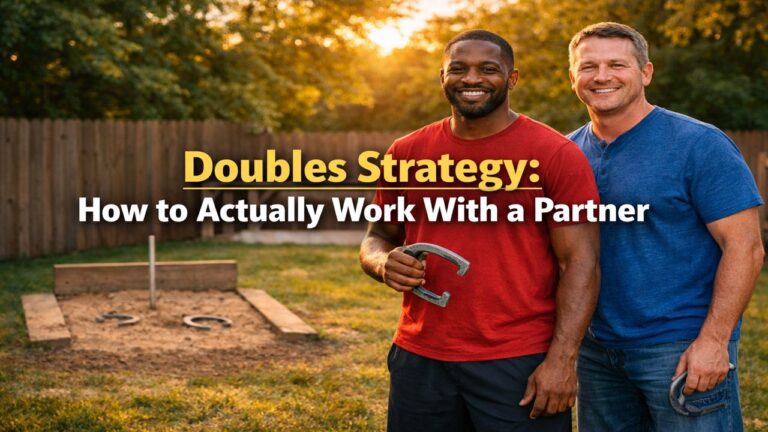 Two men smiling and holding horseshoes beside a backyard pit during a doubles horseshoes game at sunset