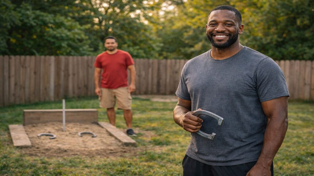 Man holding a horseshoe while his partner watches from the opposite pit during a doubles horseshoes match