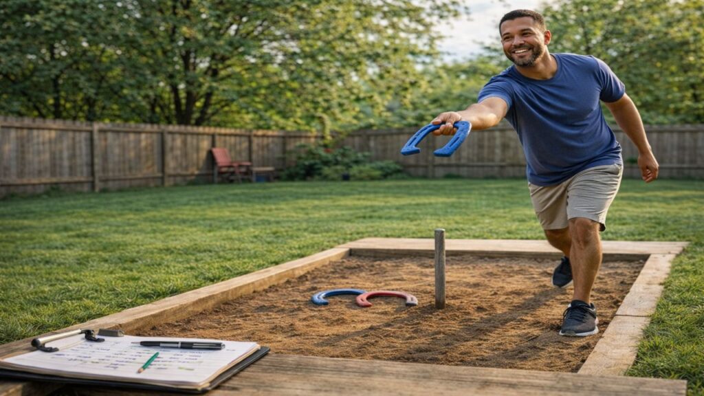 Horseshoe player tracking results during an accuracy test while pitching toward a clay horseshoe pit to measure baseline performance.