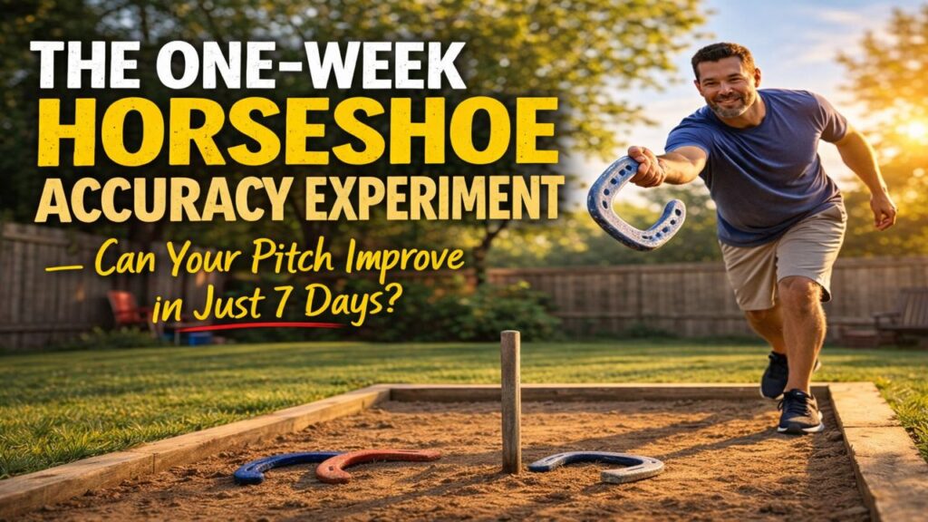 Backyard horseshoe player practicing pitching accuracy during a one week horseshoe training experiment at a regulation horseshoe pit.