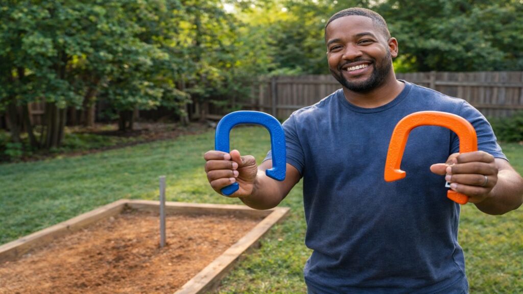 Smiling horseshoe player holding two different horseshoes to compare grip feel and performance near a backyard pit.