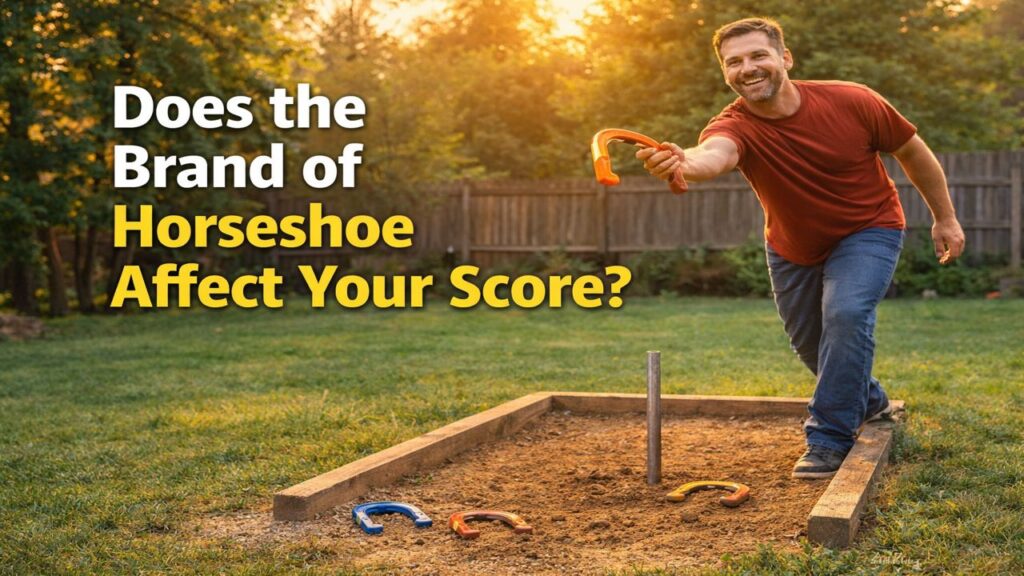 Backyard horseshoe player mid pitch testing whether different horseshoe types affect accuracy and scoring at a clay pit.
