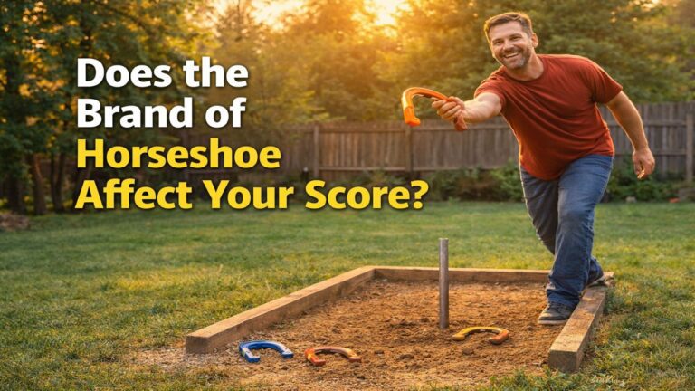 Backyard horseshoe player mid pitch testing whether different horseshoe types affect accuracy and scoring at a clay pit.