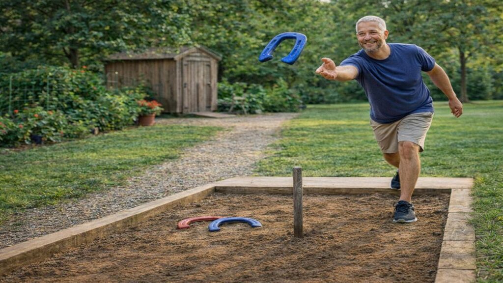 Older horseshoe player practicing longer distance pitching toward a regulation horseshoe pit to improve throwing accuracy.