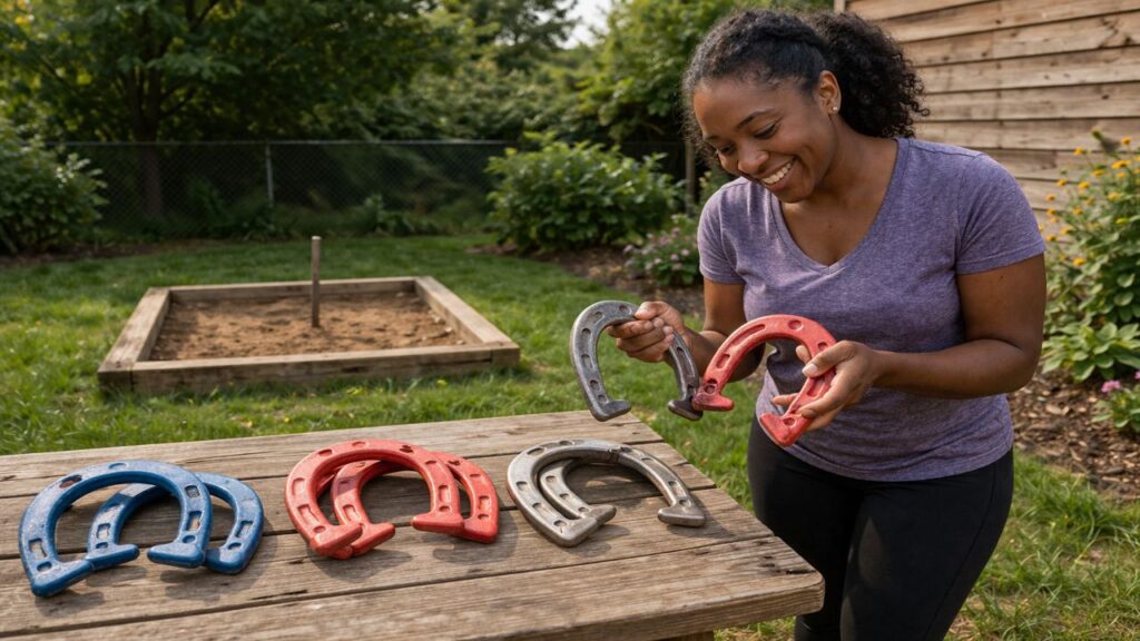 Female player comparing different horseshoe styles and weights to choose the right set for skill level.