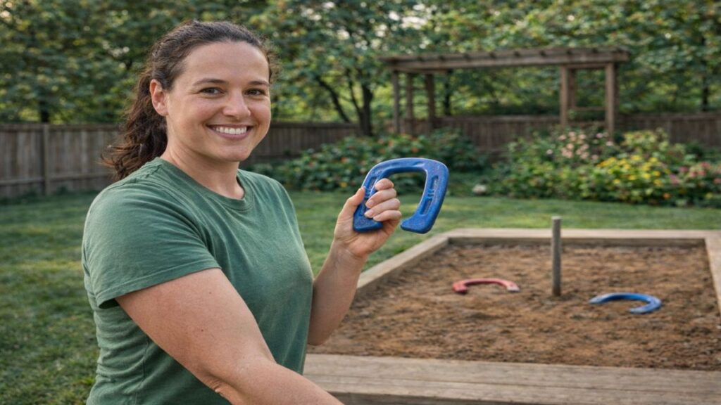 Smiling female horseshoe player demonstrating a consistent grip before pitching toward a backyard horseshoe pit during practice.