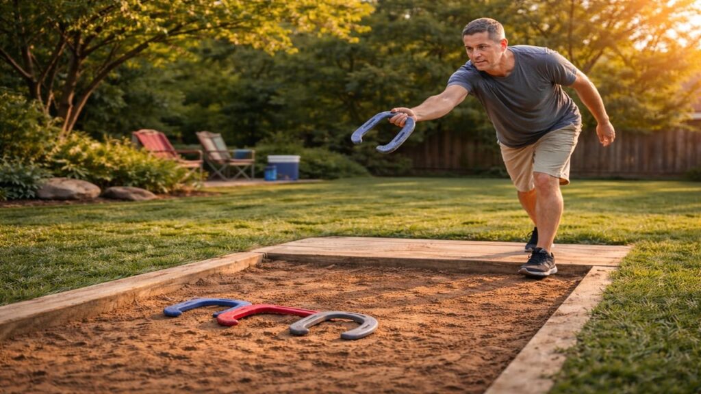 Horseshoe player pitching toward a pit without a stake as part of a practice drill designed to improve smooth throwing mechanics.
