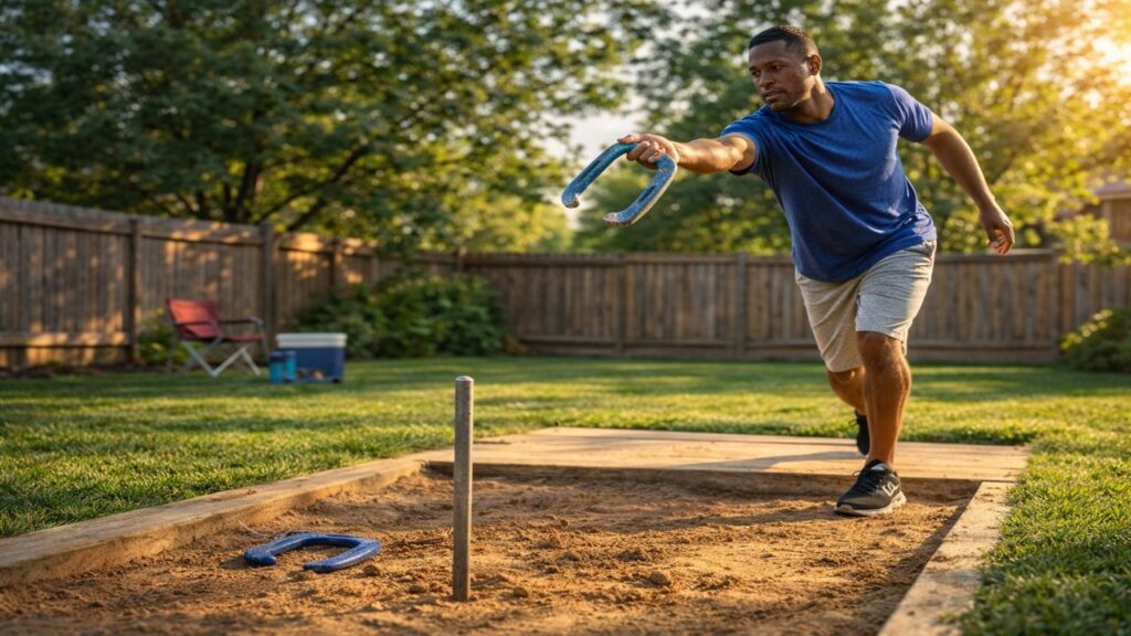 Horseshoe player practicing the one-shoe drill by pitching a single horseshoe toward a clay pit to improve focus and consistency.