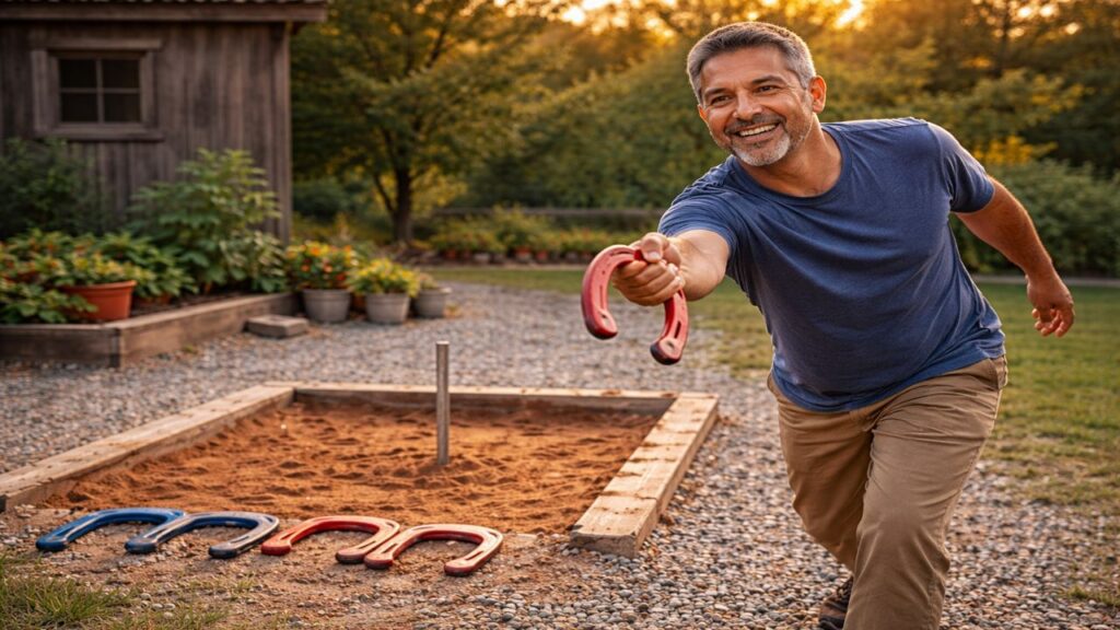 Horseshoe player practicing in a rustic backyard with proper stance and grip technique near a clay pit.