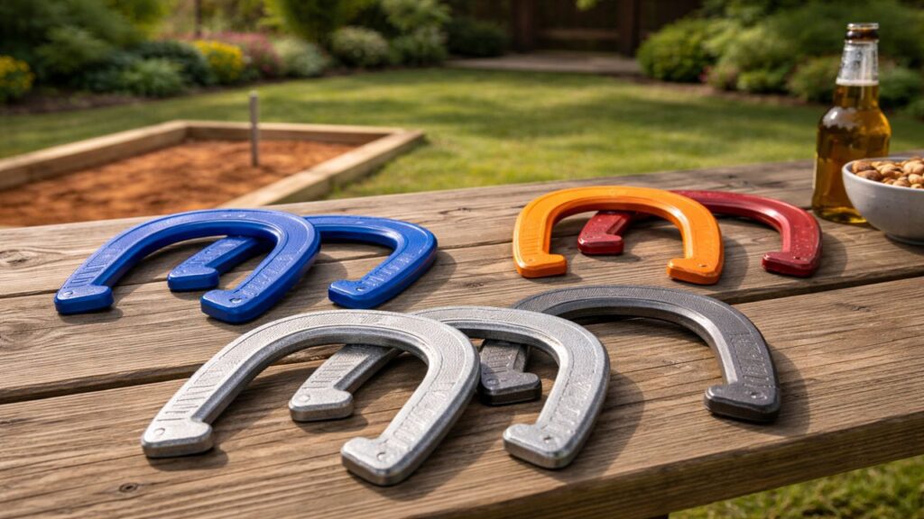 Multiple horseshoe sets in different colors and styles displayed on a wooden table for comparison before play.