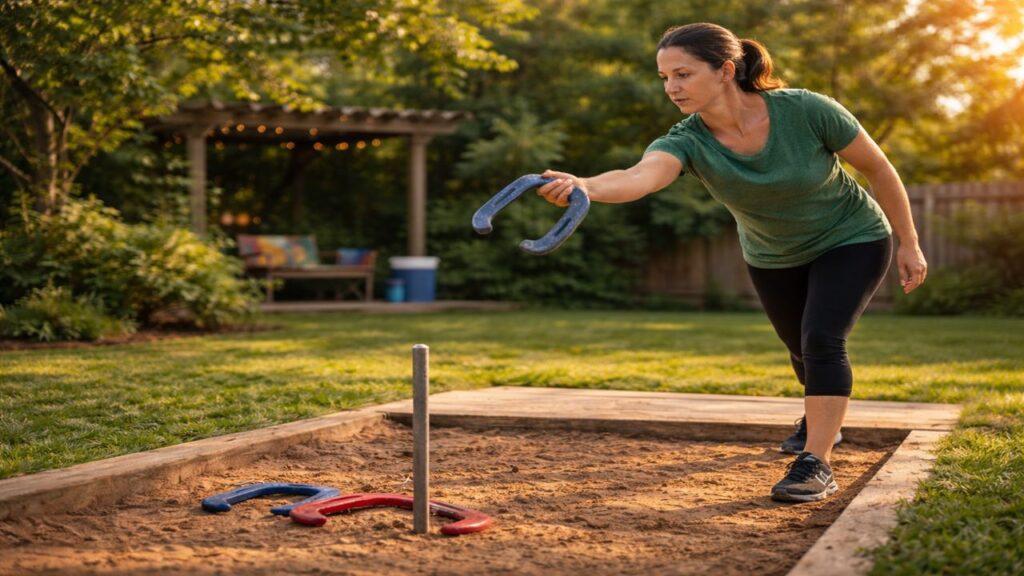 Female horseshoe player practicing a slow motion pitching drill to refine release timing and throwing mechanics at a backyard horseshoe pit.