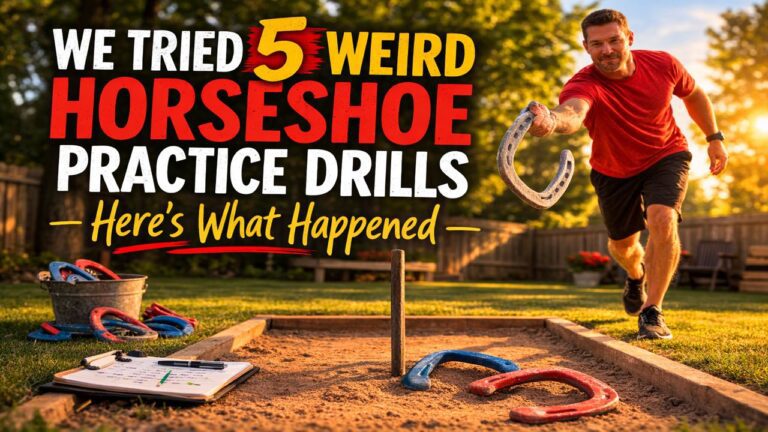 Backyard horseshoe player practicing unusual horseshoe pitching drills at a regulation horseshoe pit during a practice session.