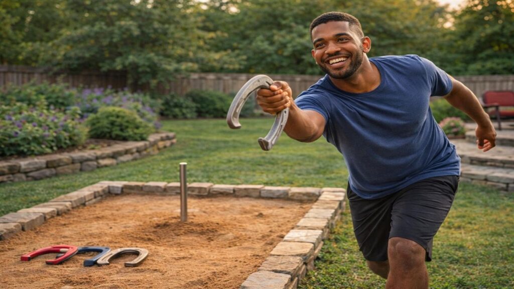 Experienced horseshoe player mid throw demonstrating accurate release and consistent rotation.