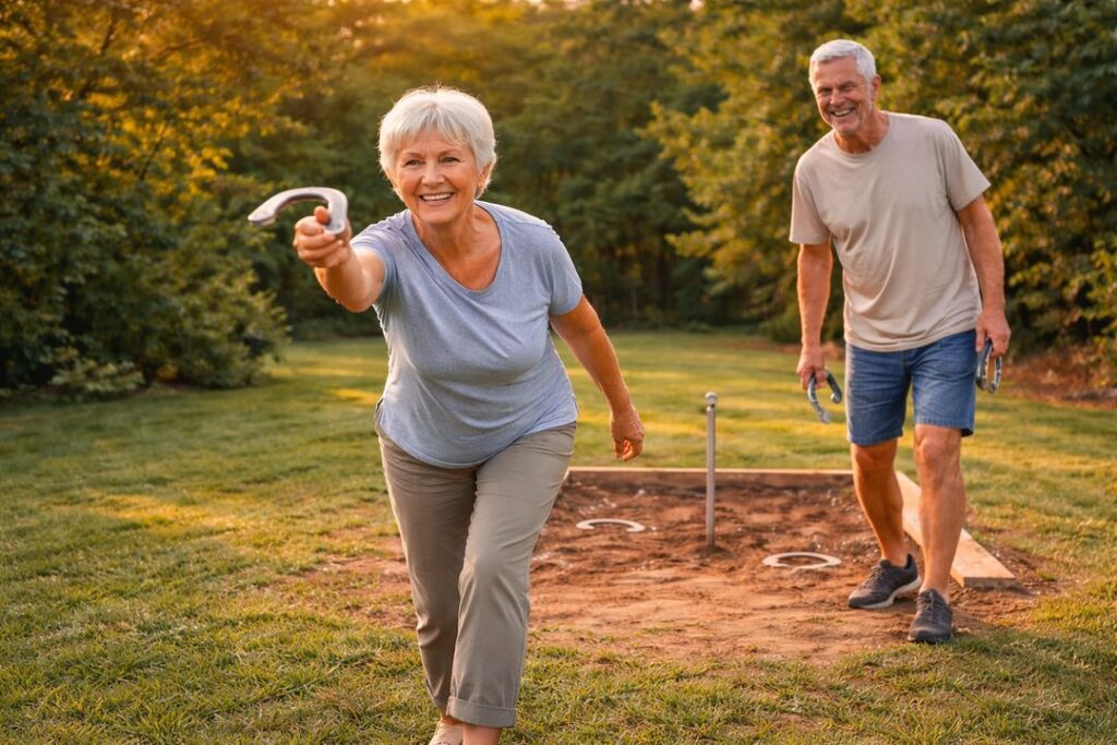 Older couple smiling and playing horseshoes in a backyard with proper throwing form and regulation clay pit