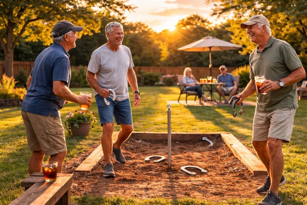 Group of retired men laughing and talking during a backyard horseshoe game near a clay pit at sunset