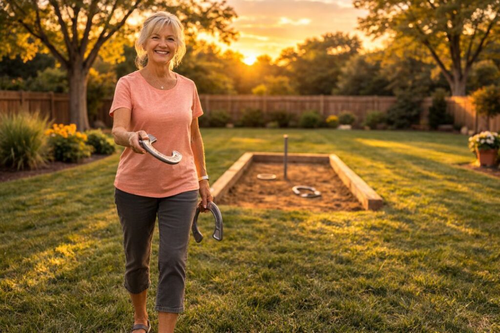 Smiling senior woman facing forward and holding horseshoes in a backyard clay pit during sunset