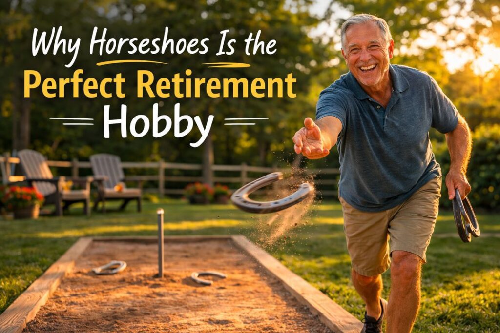 Senior man smiling while pitching a horseshoe in a backyard clay pit during golden hour illustrating active retirement living