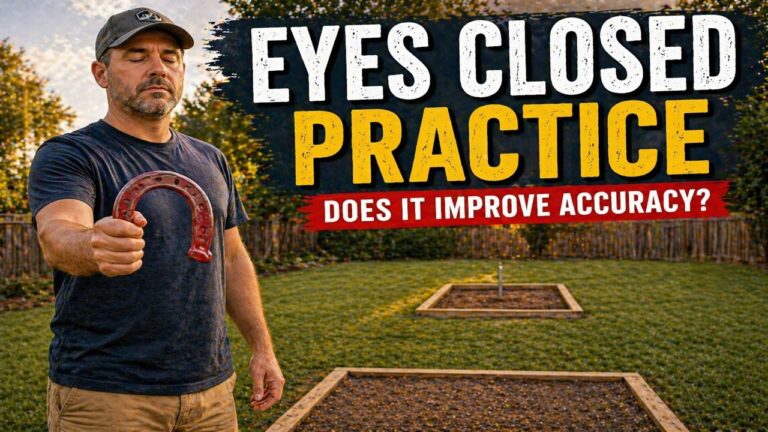 Man practicing horseshoes with eyes closed while standing at pitching area with full distance pit in background