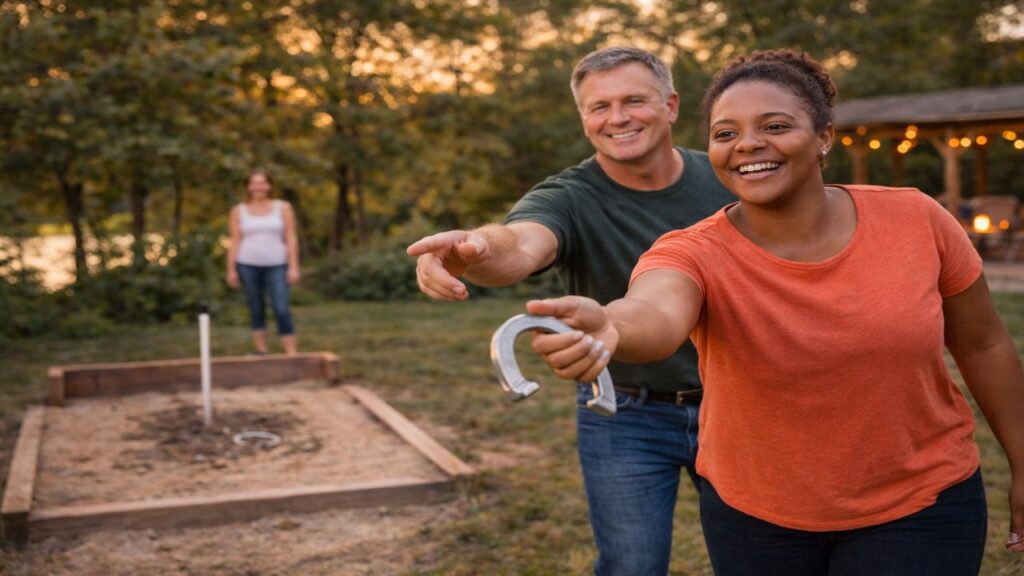 Beginner player learning to throw a horseshoe with guidance while aiming at a backyard horseshoe pit