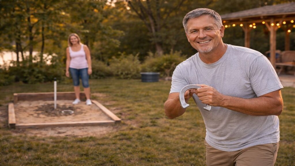 wo players positioned correctly at opposite horseshoe pits during a casual backyard horseshoe game